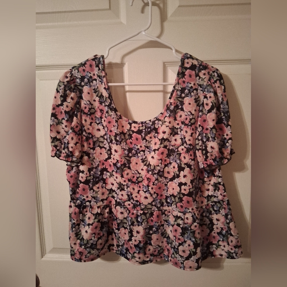 A. Byer Pink and Black Floral Blouse